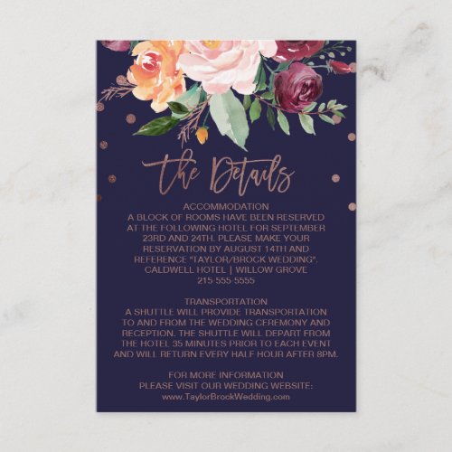Autumn Floral Rose Gold Wedding Details Card