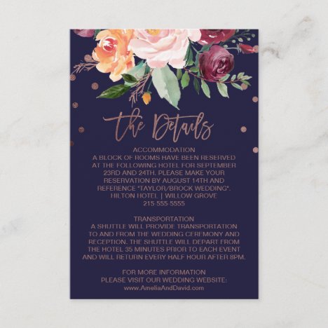 Autumn Floral Rose Gold Wedding Details Enclosure Card