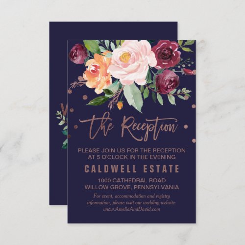 Autumn Floral Rose Gold Wedding Reception Card