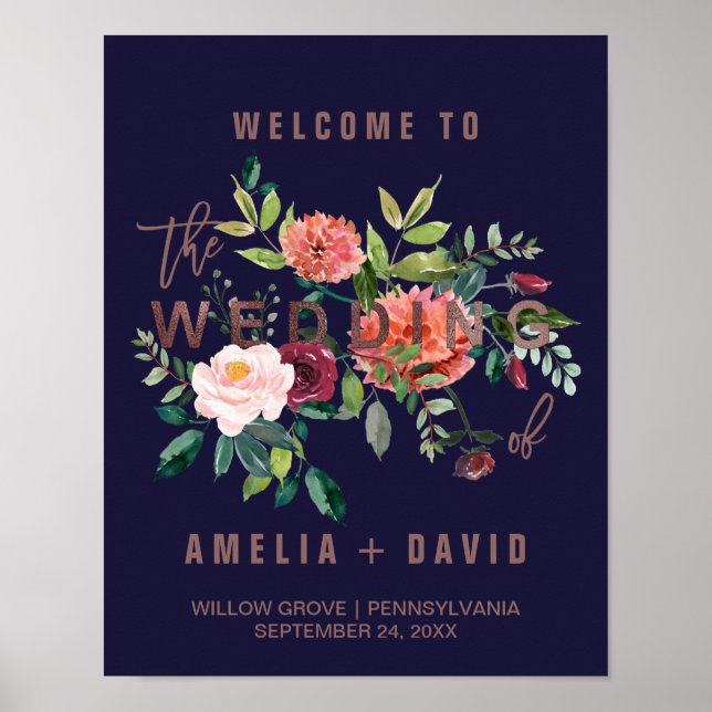 Autumn Floral Rose Gold Wedding Welcome Poster (Front)