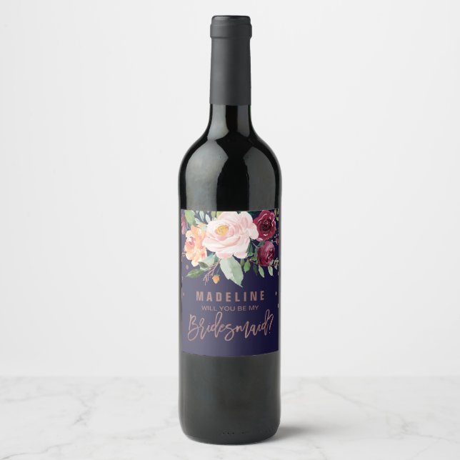Autumn Floral Rose Gold Will You Be My Bridesmaid Wine Label (Front)