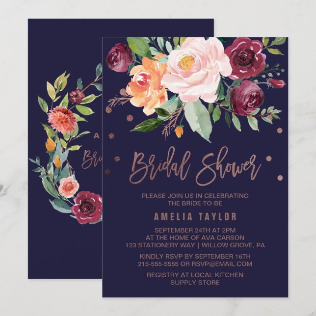 Autumn Floral Rose Gold Wreath Back Bridal Shower Invitation (Front/Back)