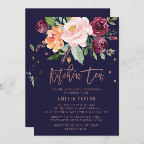 Autumn Floral Rose Gold Wreath Back Kitchen Tea Invitation