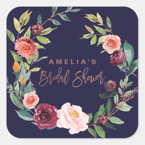 Autumn Floral Rose Gold Wreath Bridal Shower Favor Square Sticker