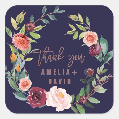 Autumn Floral Rose Gold Wreath Thank You Favor Square Sticker