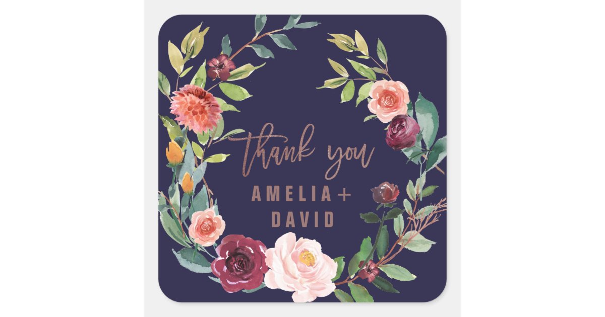 Autumn Floral Rose Gold Wreath Thank You Favor Square Sticker | Zazzle