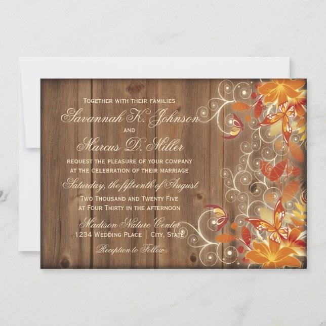 Autumn Floral Rustic Wood Fall Wedding Invitations (Front)