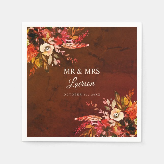 Autumn Floral Splendor Mr & Mrs Wedding Napkins (Front)