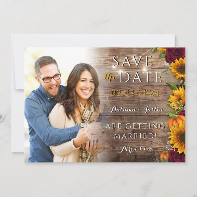 Autumn Floral Sunflower Rustic Photo Save the Date (Front)