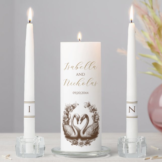 Autumn Floral Swan Wedding Unity Candle Set (In Situ)