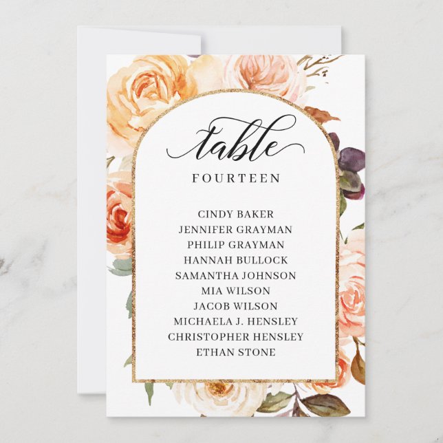 Autumn Floral Table Number Seating Chart Cards (Front)