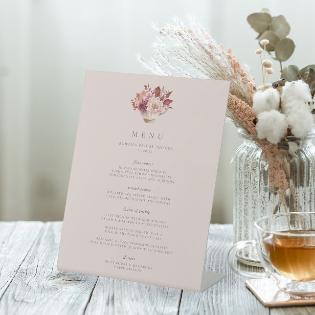 Autumn Floral Teacup Fall Bridal Shower Menu Pedestal Sign (Creator Uploaded)