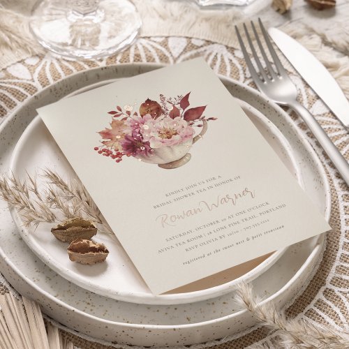 Autumn Floral Teacup Fall Bridal Shower Tea Foil Invitation