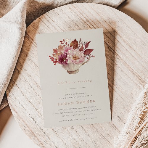 Autumn Floral Teacup Fall Bridal Shower Tea Foil Invitation