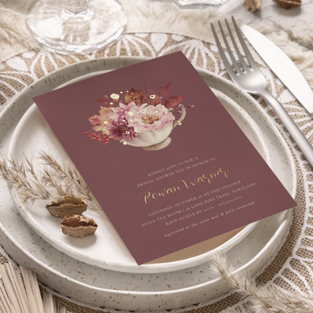 Autumn Floral Teacup Fall Bridal Shower Tea Foil Invitation (Creator Uploaded)