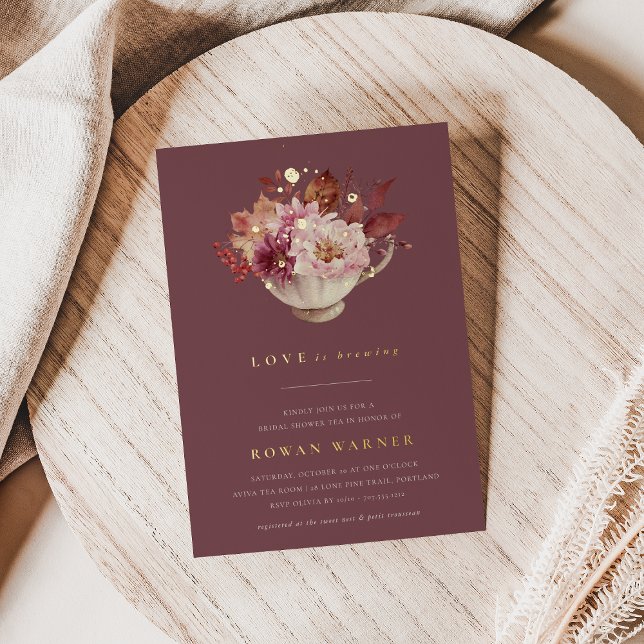 Autumn Floral Teacup Fall Bridal Shower Tea Foil Invitation (Creator Uploaded)