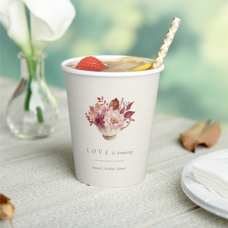 Autumn Floral Teacup Love Is Brewing Bridal Shower Paper Cups