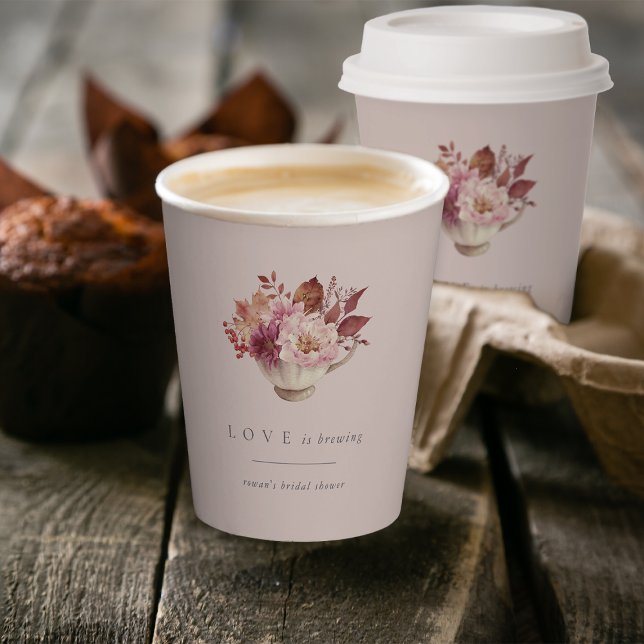 Autumn Floral Teacup Love Is Brewing Bridal Shower Paper Cups (Creator Uploaded)