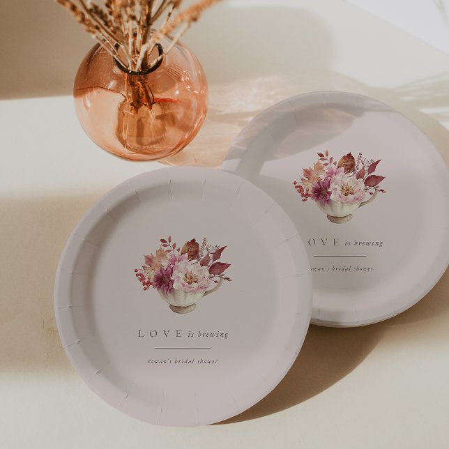 Autumn Floral Teacup Love Is Brewing Bridal Shower Paper Plates (Creator Uploaded)