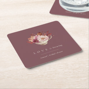 Autumn Floral Teacup Love Is Brewing Bridal Shower Square Paper Coaster
