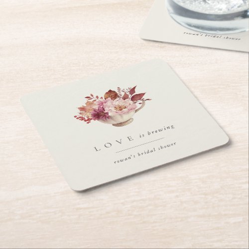 Autumn Floral Teacup Love Is Brewing Bridal Shower Square Paper Coaster