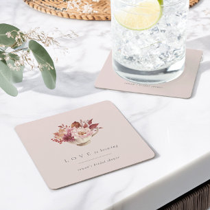 Autumn Floral Teacup Love Is Brewing Bridal Shower Square Paper Coaster
