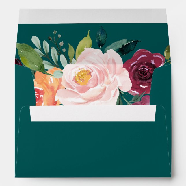 Autumn Floral Teal Addressed Wedding Invitation Envelope (Back (Bottom))
