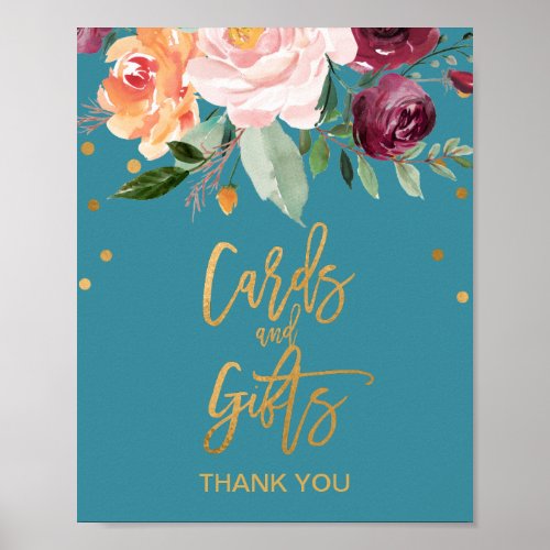 Autumn Floral  Teal Cards and Gifts Sign