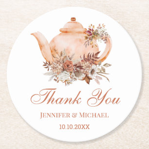 Autumn Floral Teapot Wedding Favor Thank You Round Paper Coaster