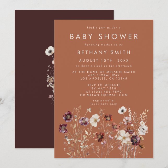 Autumn Floral Terracotta Baby Shower Invitation (Front/Back)
