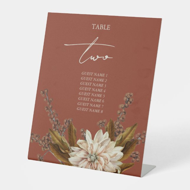 Autumn Floral Terracotta Fall Wedding Table Number Pedestal Sign (Front)