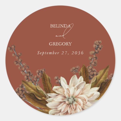 Autumn Floral Terracotta Watercolor Fall Wedding Classic Round Sticker