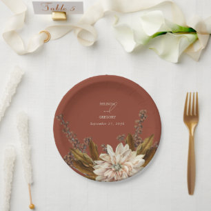 Autumn Floral Terracotta Watercolor Fall Wedding Paper Plates