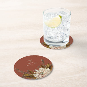 Autumn Floral Terracotta Watercolor Fall Wedding Round Paper Coaster