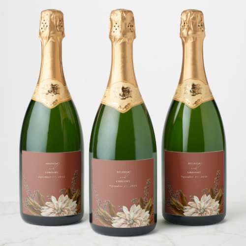 Autumn Floral Terracotta Watercolor Fall Wedding Sparkling Wine Label