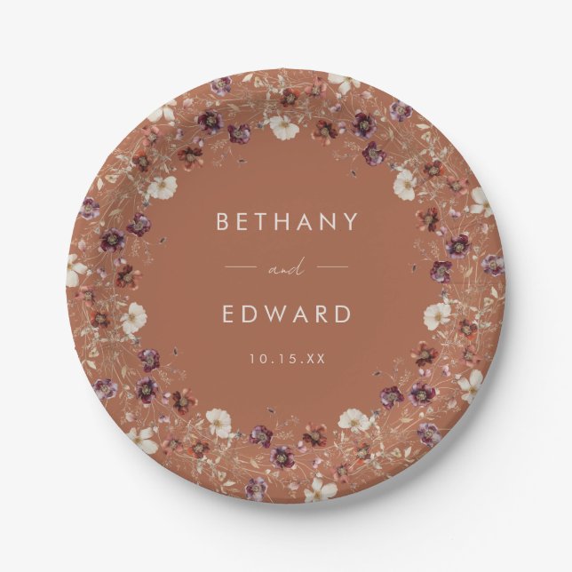 Autumn Floral Terracotta Wedding Paper Plates (Front)