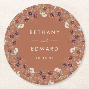 Autumn Floral Terracotta Wedding Round Paper Coaster