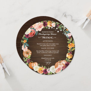Autumn Floral Thanksgiving Dinner Circle Menu Card