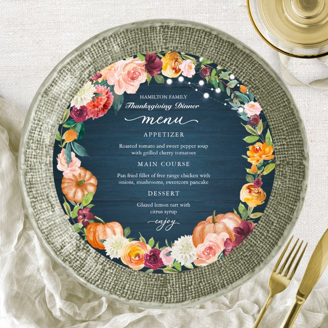 Autumn Floral Thanksgiving Dinner Circle Menu Card (Creator Uploaded)