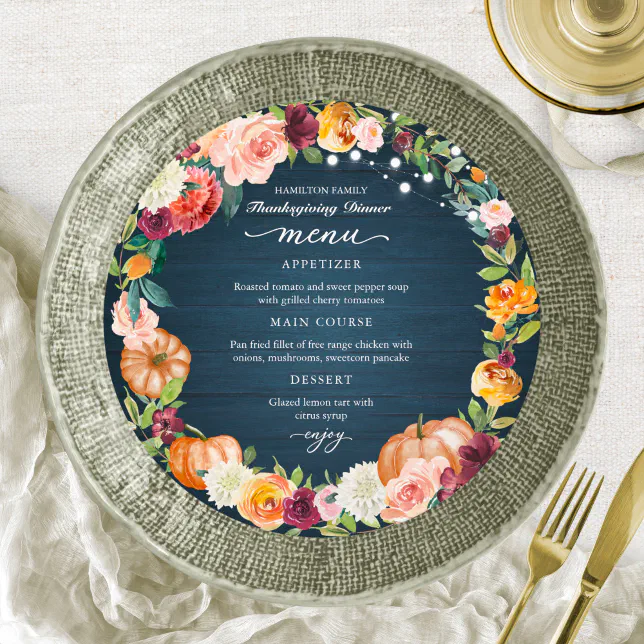Autumn Floral Thanksgiving Dinner Circle Menu Card
