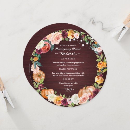 Autumn Floral Thanksgiving Dinner Circle Menu Card