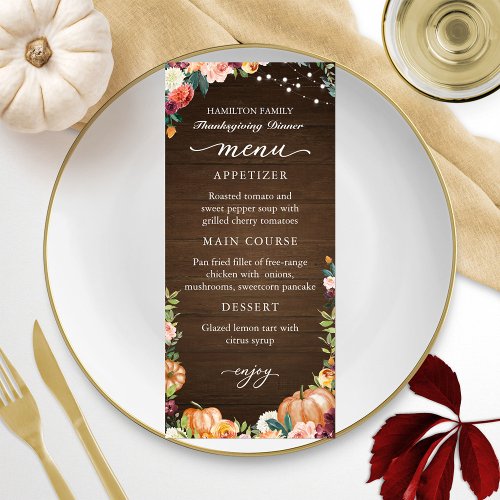 Autumn Floral Thanksgiving Dinner Menu Card