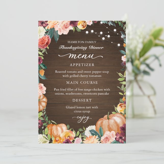 Autumn Floral Thanksgiving Dinner Menu Card (Standing Front)