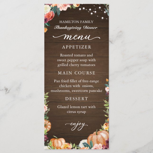 Autumn Floral Thanksgiving Dinner Menu Card (Front)
