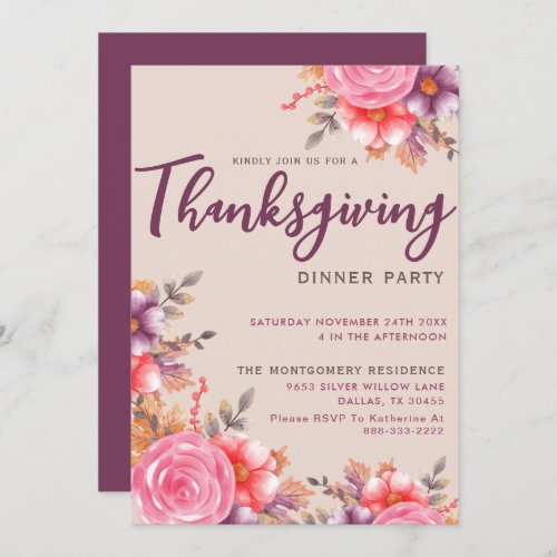 Autumn Floral Thanksgiving Family Dinner Party Invitation