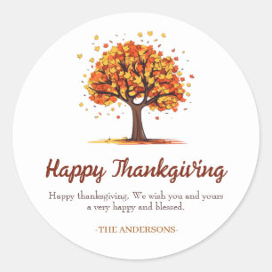 Autumn Floral Tree Happy thanksgiving family Classic Round Sticker