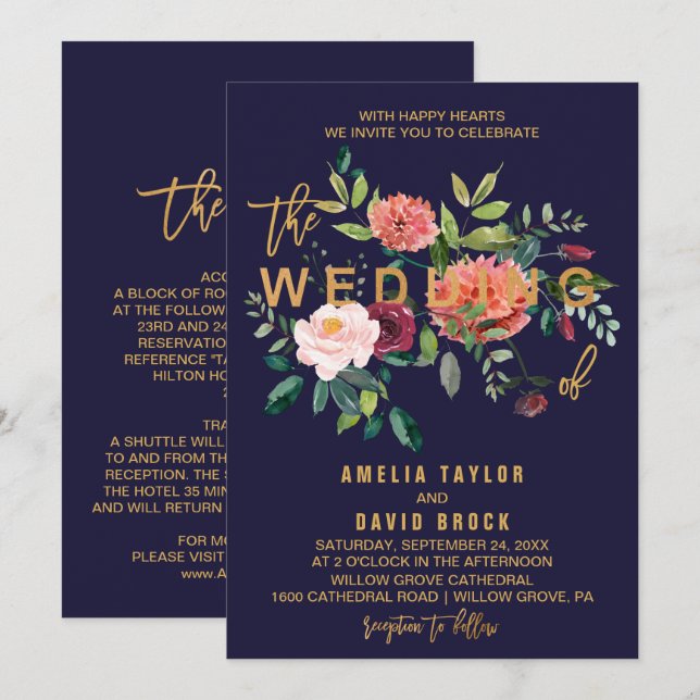 Autumn Floral Typography | Details on Back Wedding Invitation (Front/Back)