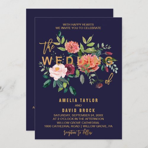Autumn Floral Typography  Details on Back Wedding Invitation