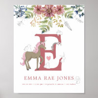 Autumn Floral Unicorn Personalized Birth Stats Poster