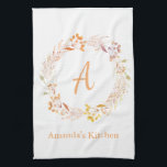Autumn Floral Watercolor Boho Personalized Name Kitchen Towel<br><div class="desc">Kitchen towel with pretty hand painted watercolor floral wreath in lovely fall colors,  personalized with your name and initial.</div>